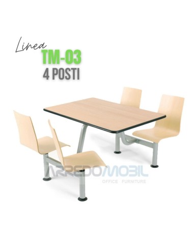 MONOBLOCCO tavolo e sedie in legno faggio per mensa aziendale universitaria tavola calda 4 posti