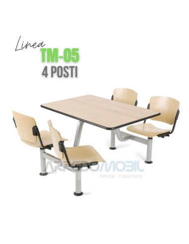 Tavolo mensa con sedie incorporate per l'arredo di ristoranti fast food, birrerie, pub, self service