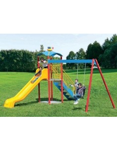 Villaggio gioco per parchi per bambini con montanti in alluminio - 1 scivolo  in vetroresina , 1 tunnel , 1 pertica ed 1 risalita